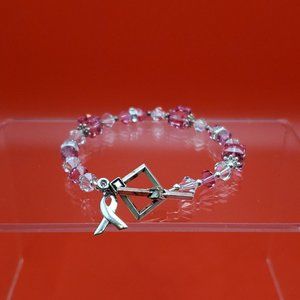 7 Inch 925 Sterling Silver Pink Crystal Breast Cancer Charm Bracelet